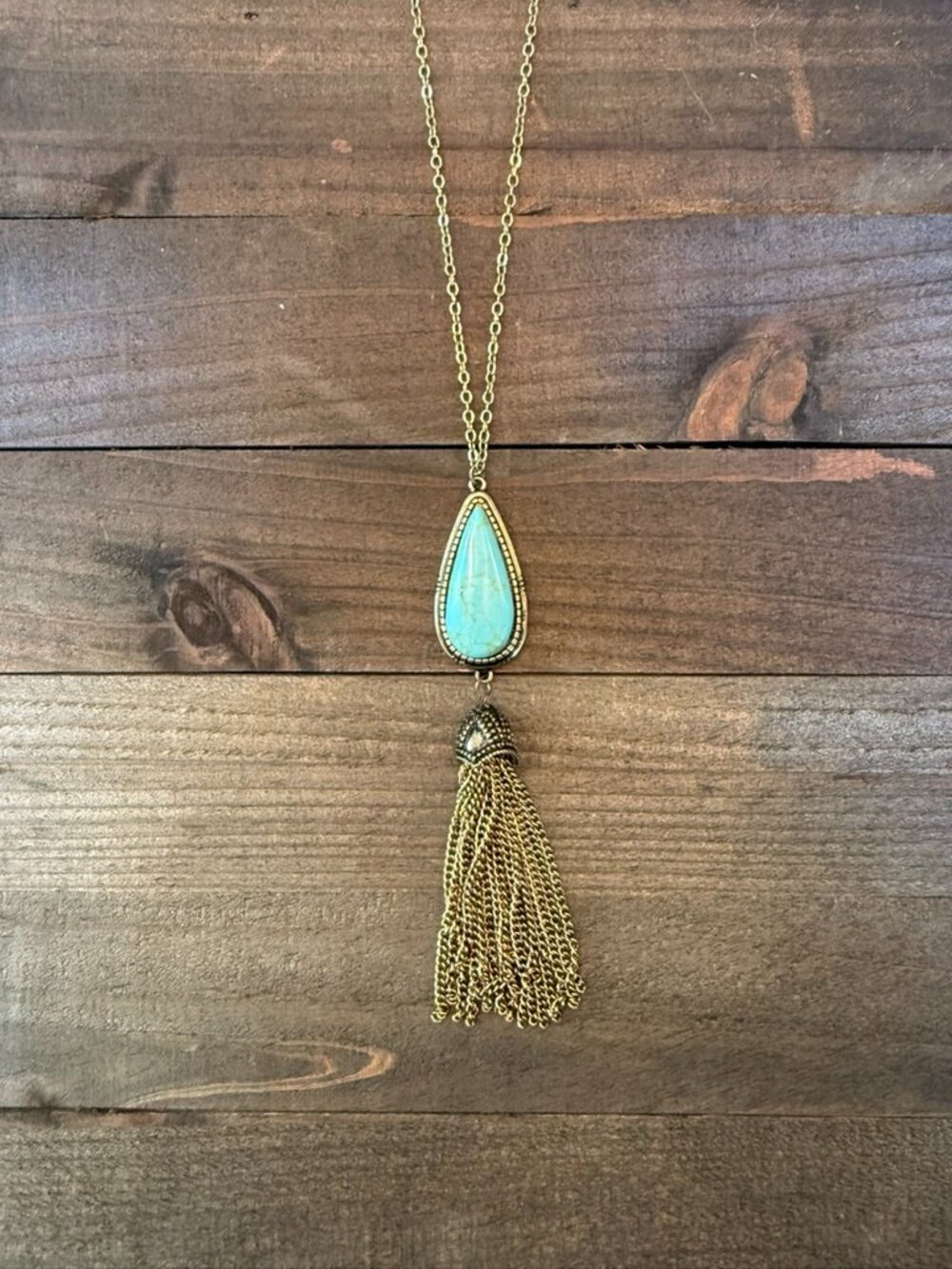 Long Turquoise Tassel Necklace – Antique Brass – 32–35" - NWT